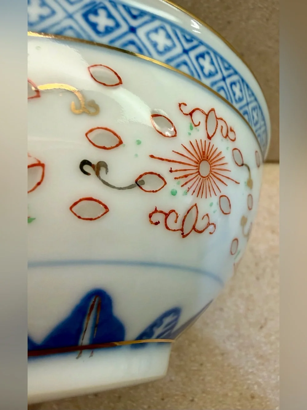 Asian Porcelain Rice Bowls - Set of 2 Chinese Floral White with Red, Blue, Gold